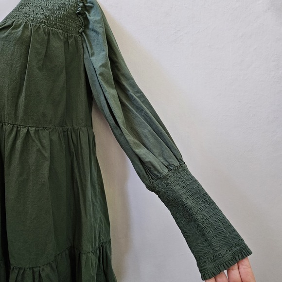 Pomander Place Dress sz M Ceci Smocked Long Sleeve Green Tiered Cotton Mini Boho - Picture 11 of 16